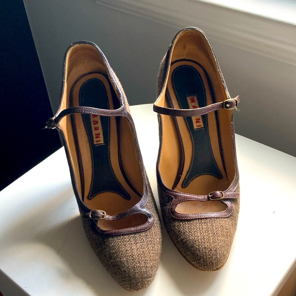 Marni tweed peep toe Mary Jane pumps, size 37.5